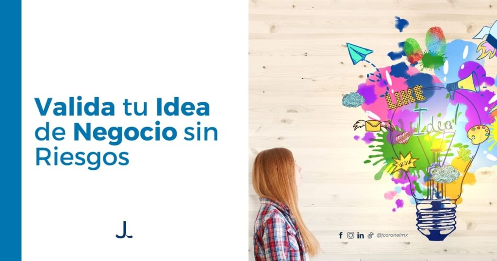 Mujer mirando una bombilla con ideas de negocio creativas y coloridas, concepto de validación de ideas emprendedoras.