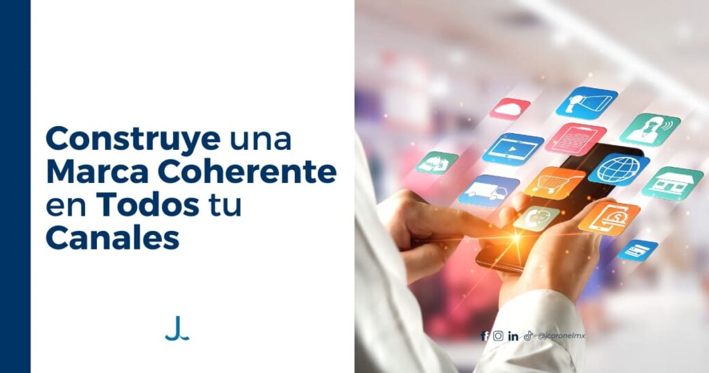 Persona interactuando con íconos digitales que representan redes sociales y medios de comunicación para transmitir una marca coherente.