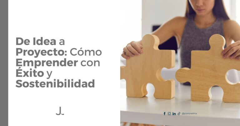 Emprendedora uniendo piezas de rompecabezas que representan la conexión entre idea, estrategia y sostenibilidad en los negocios