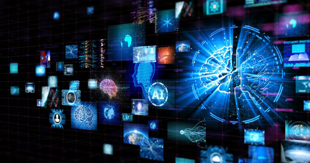 Visualización de datos digitales y cerebro artificial representando la transformación digital y la presencia online de los negocios.