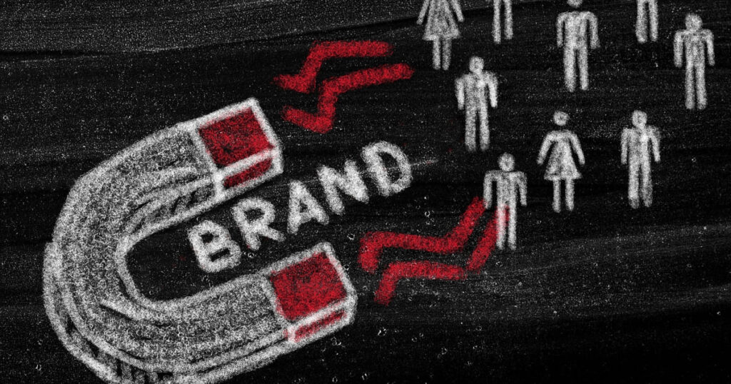 Ilustración de una marca atrayendo personas con un imán, representando el poder del branding claro y coherente.