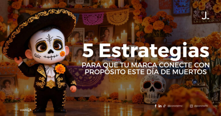 Imagen de campaña de branding con propósito para el Día de Muertos: personaje infantil con rostro pintado de catrín frente a un altar tradicional mexicano, con título “5 Estrategias para que tu Marca Conecte con Propósito”.